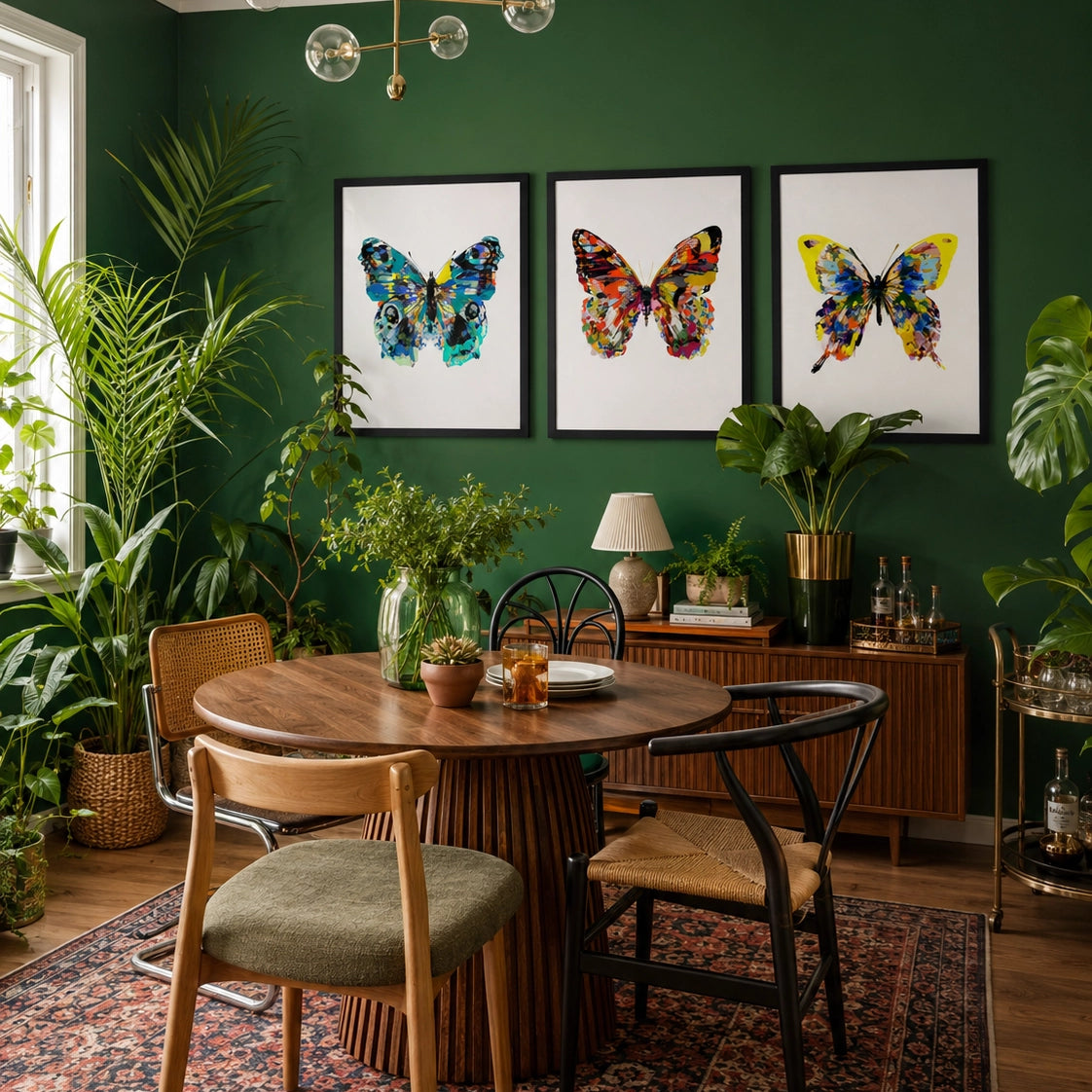 Dining room with a round wooden table, chairs, and butterfly artwork on a green wall.
