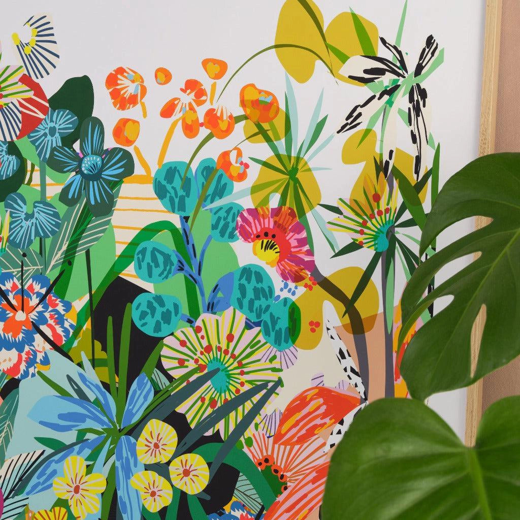 Close-up detail of the Etruscan Forest fine art print by Kitty McCall showing teal and orange wildflowers with a monstera leaf in the foreground