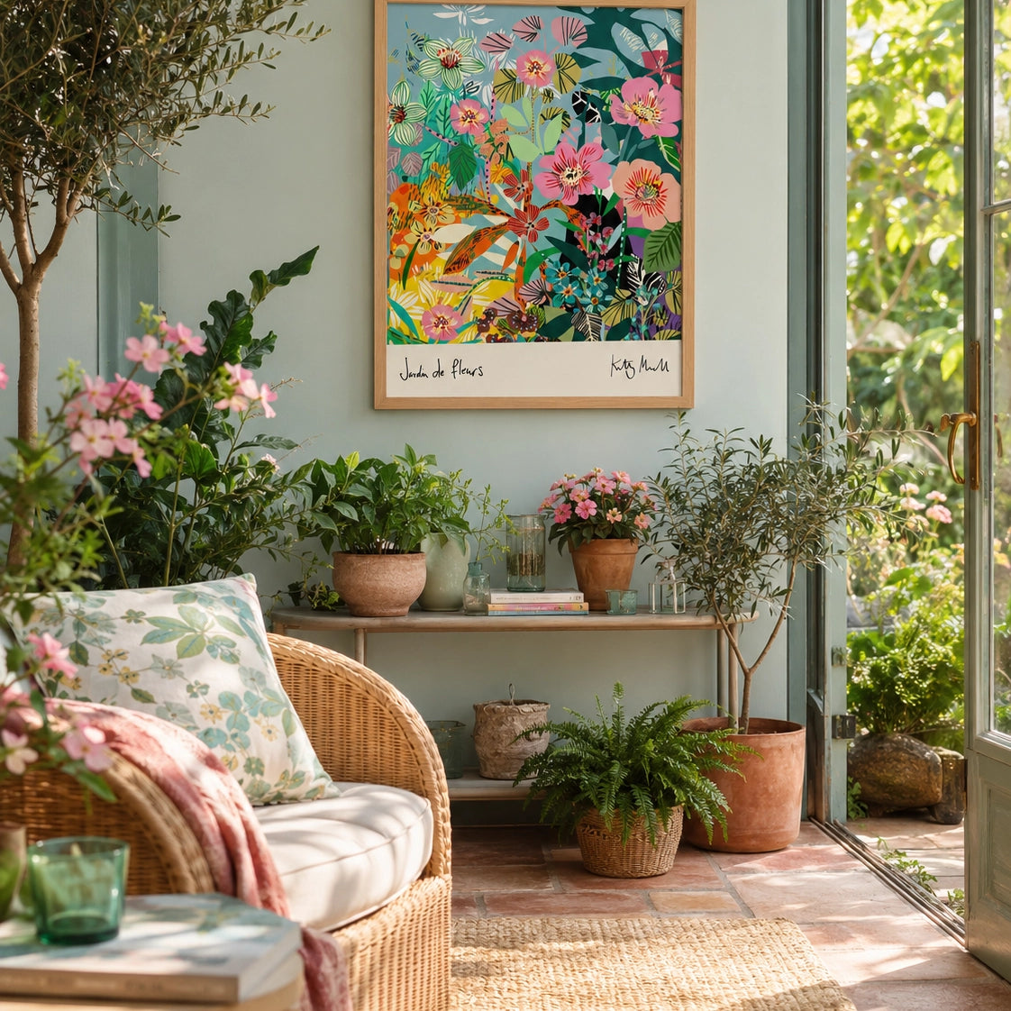 Jardin de Fleurs fine art print by Kitty McCall in a natural oak frame, hung in a sunny garden room styled with a wicker chair, terracotta pots, pink flowers and an olive tree