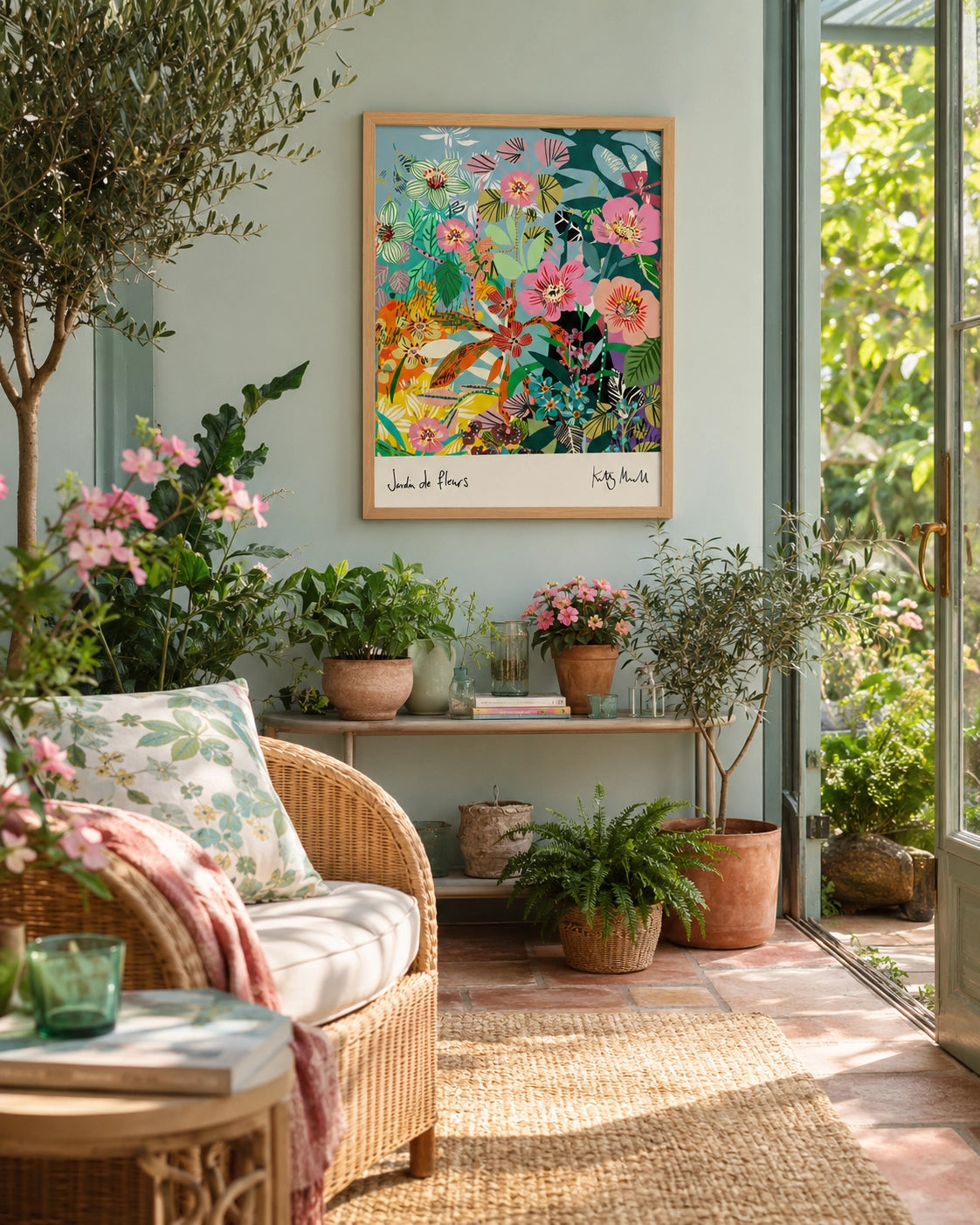 Jardin de Fleurs fine art print by Kitty McCall in a natural oak frame, hung in a sunny garden room styled with a wicker chair, terracotta pots, pink flowers and an olive tree