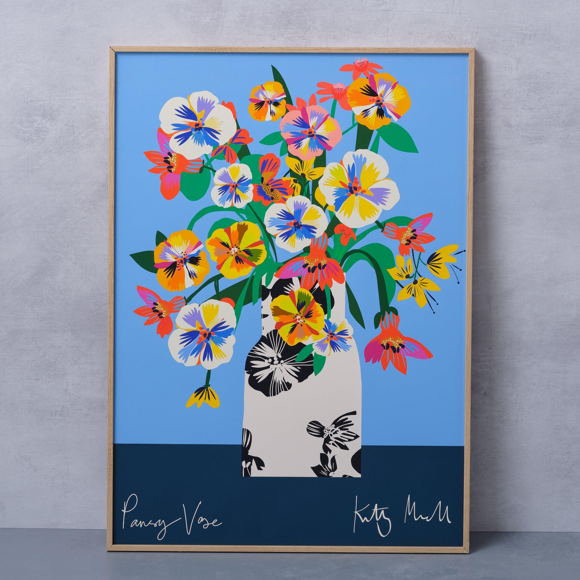 Pansy Vase fine art giclée print by Kitty McCall, featuring vibrant pansies set against a bold blue background, designed with striking colours and intricate details to bring joy and elegance to modern home decor