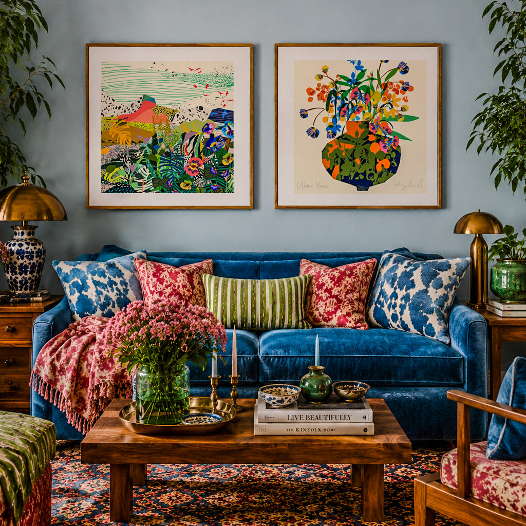 Living room with a blue sofa, colorful pillows, and two framed artworks on the wall.