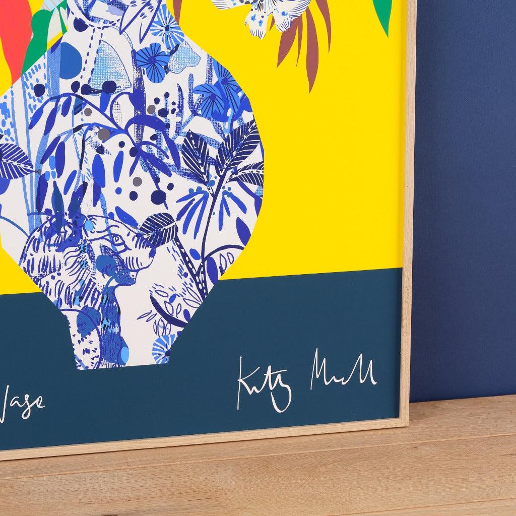 Willow Vase fine art giclée print by Kitty McCall, featuring a vibrant yellow background, a Willow Pattern-inspired vase, and a tropical colour palette with bold flowers, perfect for adding warmth and exotic charm to modern decor.