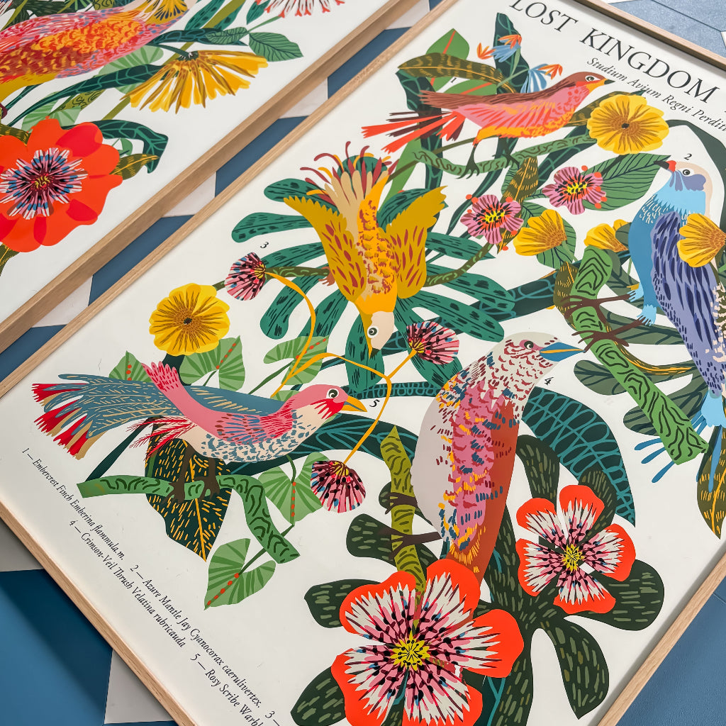 botanical bird fine art print close up on colourful blue floor.