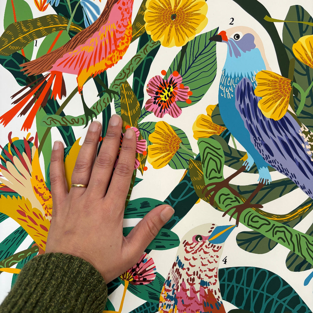 detail of botanical bird fine art print with decorative foliage