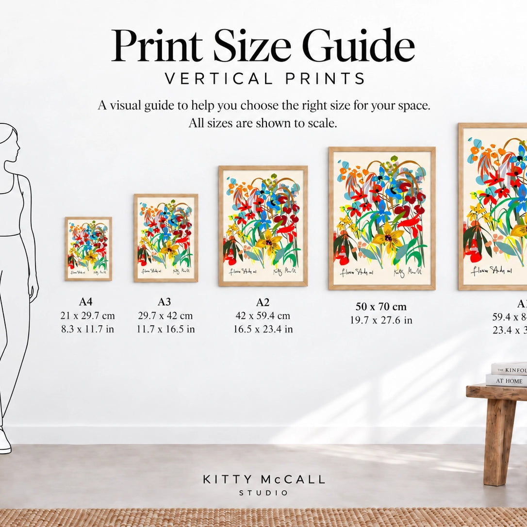 Print size guide for Flower Study No. 1 — vertical prints from A4 to A1