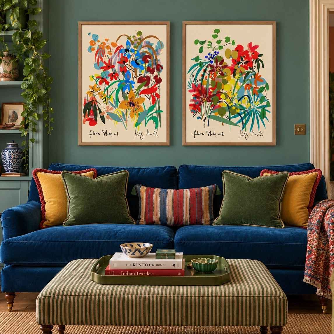 Flower Study No. 1 and Flower Study No. 2 fine art prints framed in natural oak, styled in a living room