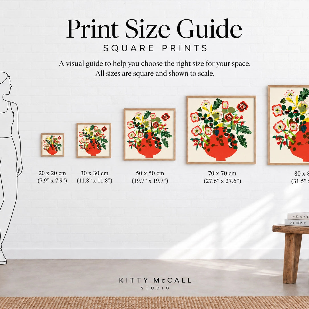 Print size guide for Folk Vase — square prints from 20×20 cm to 80×80 cm shown to scale alongside a 170 cm figure