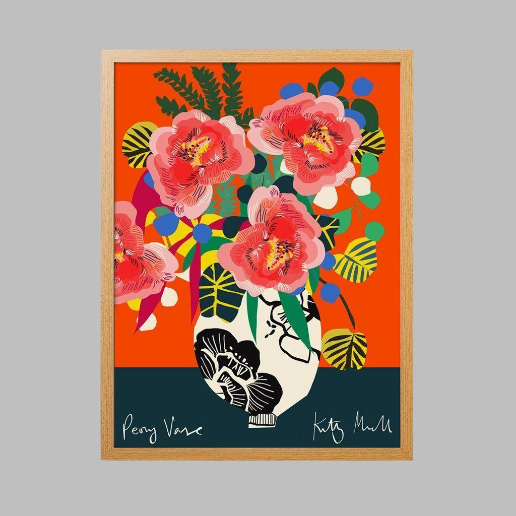 Peony Vase fine art print by Kitty McCall in a natural oak frame