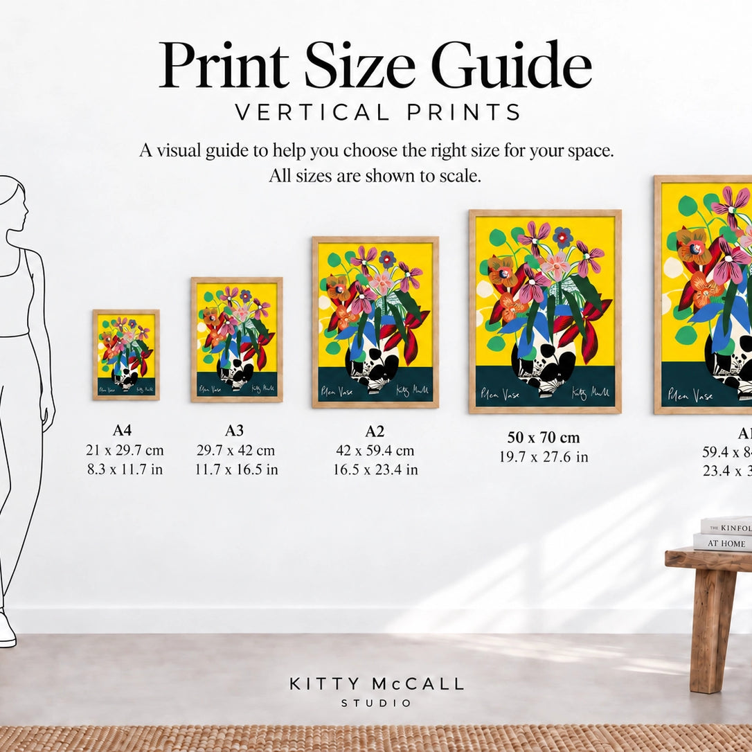 Print size guide for Pilea Vase — vertical prints from A4 to A1 shown to scale alongside a 170 cm figure