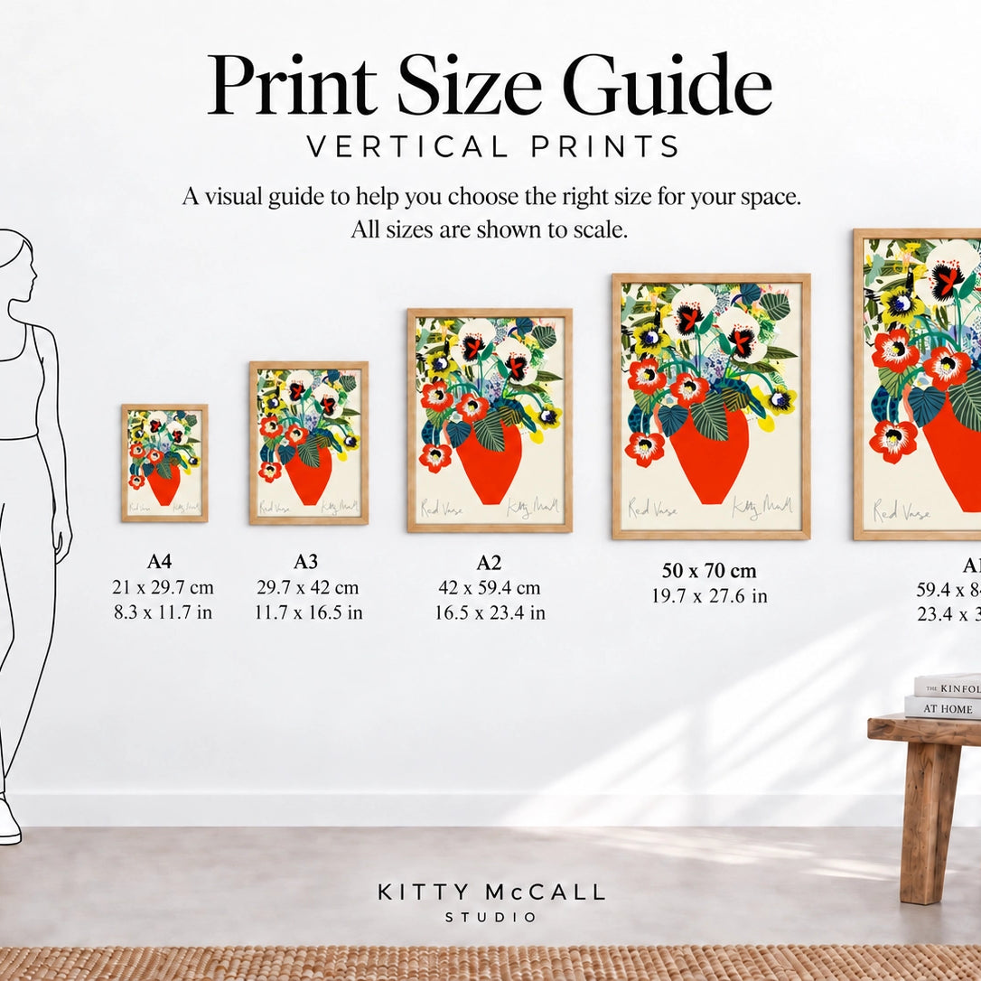 Print size guide for Red Vase — vertical prints from A4 to A1 shown to scale alongside a 170 cm figure, displayed in natural oak frames