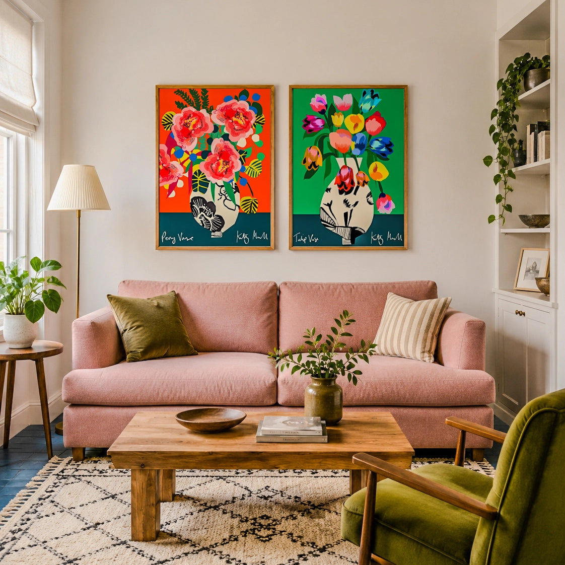 Tulip Vase and Peony Vase fine art prints by Kitty McCall in natural oak frames, styled in a cosy living room