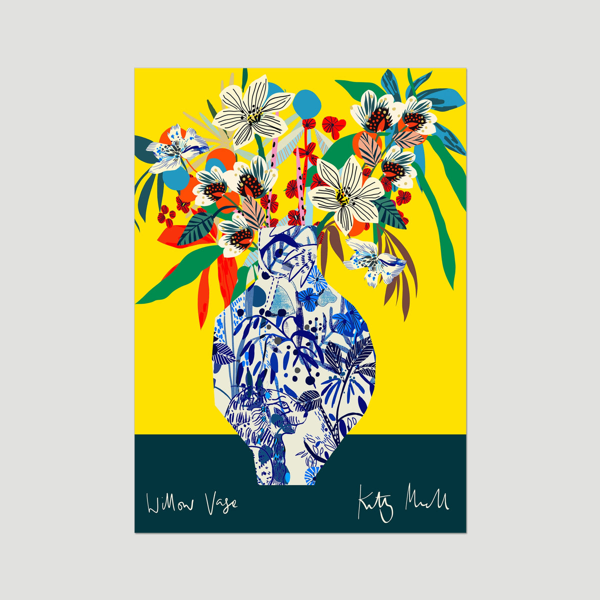 Willow Vase fine art print by Kitty McCall, unframed — bold florals and tropical foliage bursting from a blue-and-white willow-pattern vase on a vivid yellow background