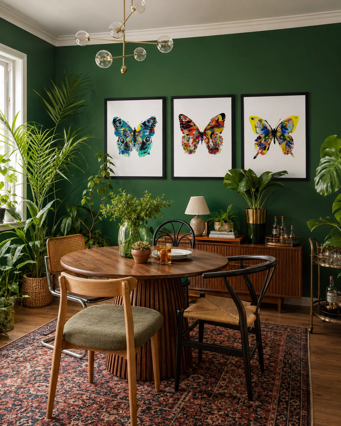 Dining room with a round wooden table, chairs, and butterfly artwork on a green wall.