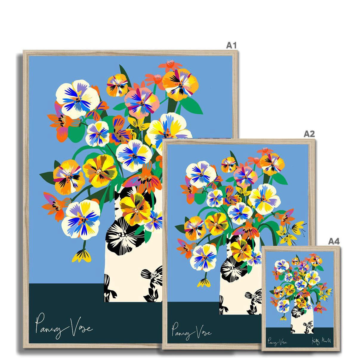 Print size guide for Pansy Vase — A4, A2 and A1 sizes shown in natural oak frames