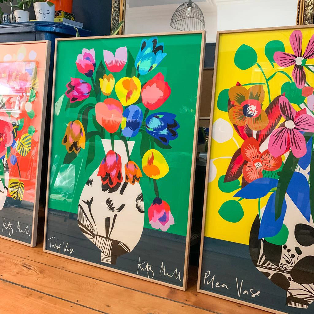 Tulip Vase, Peony Vase and Pilea Vase fine art prints by Kitty McCall displayed together as a trio