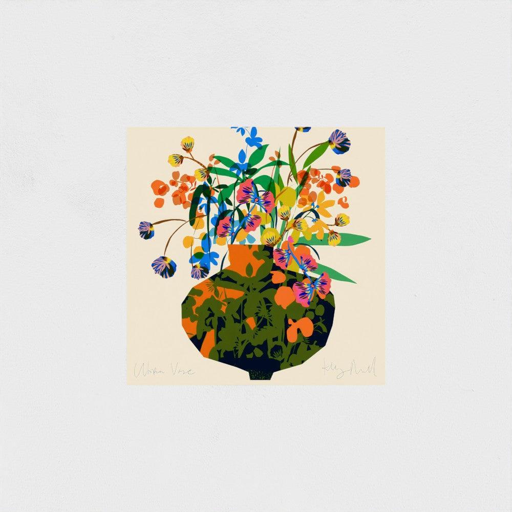 Colorful floral arrangement in a green vase on a beige background