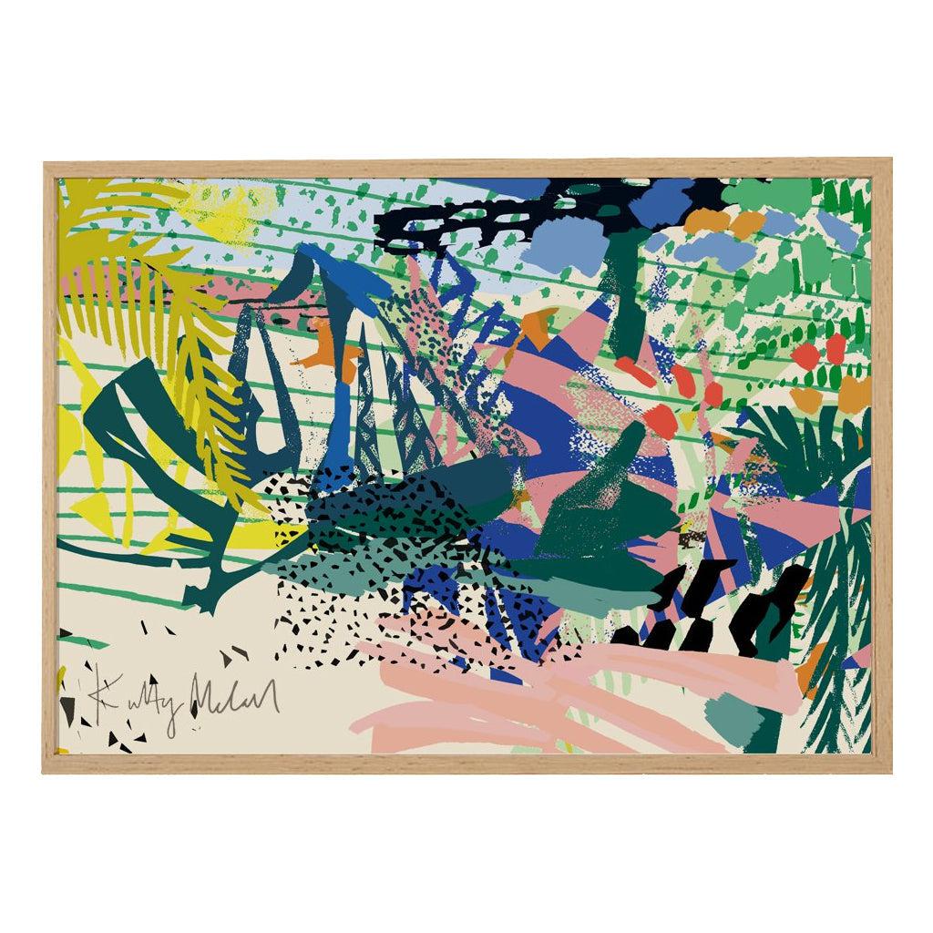 Abstract 'View' Fine Art Print showcasing vibrant landscapes, mountains, flowers, and trees, ideal for modern and joyful home decor