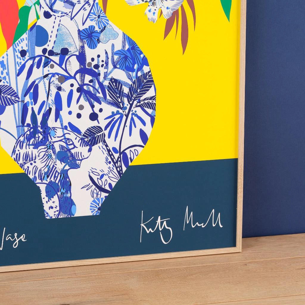 Close-up detail of Willow Vase fine art print by Kitty McCall in a natural oak frame, showing the hand-drawn floral arrangement against a yellow background