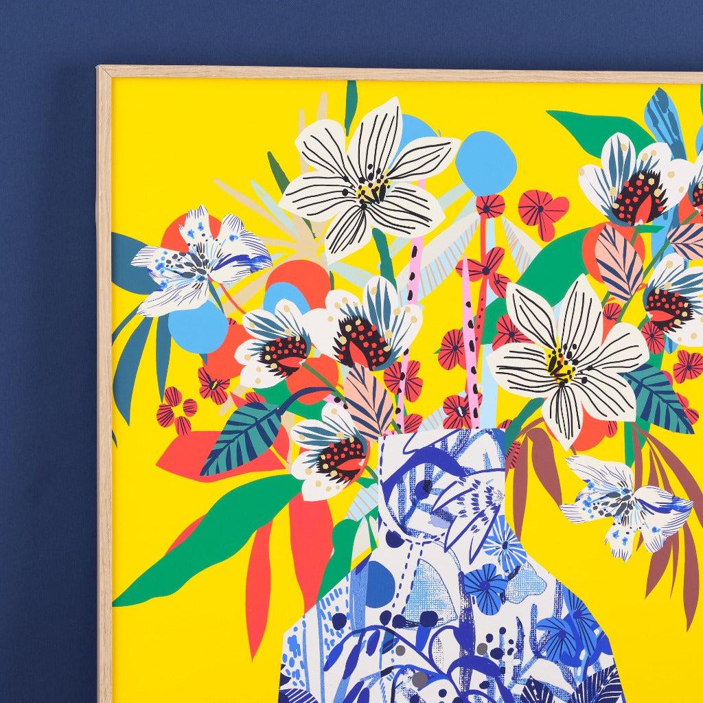Willow Vase fine art giclée print by Kitty McCall, featuring a vibrant yellow background, a Willow Pattern-inspired vase, and a tropical colour palette with bold flowers, perfect for adding warmth and exotic charm to modern decor.