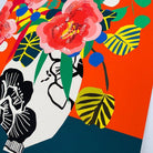 Close-up detail of the Peony Vase fine art print by Kitty McCall showing peonies, patterned ceramic vase and tropical foliage