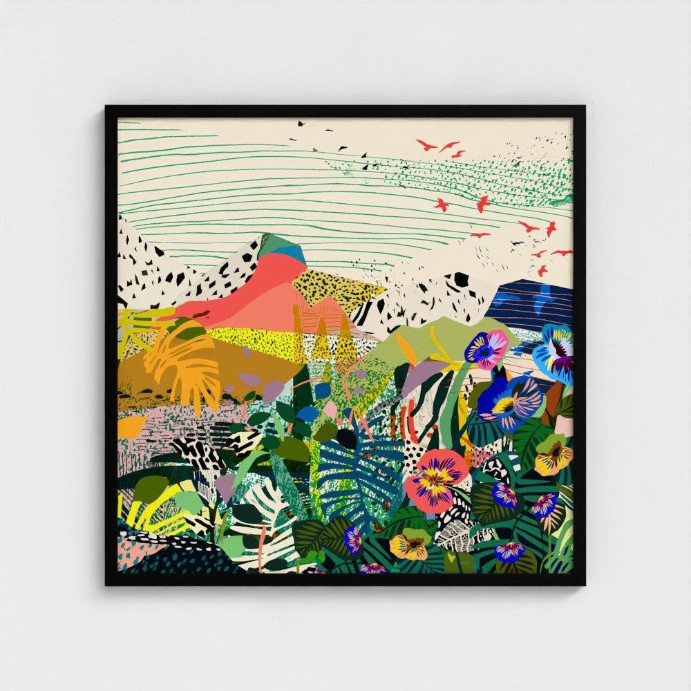 Flowers of Utopia botanical landscape art print by Kitty McCall in black frame