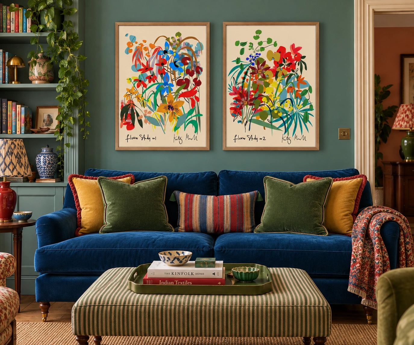 Flower Study No. 1 and Flower Study No. 2 fine art prints framed in natural oak, styled in a living room