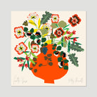 Folk Vase fine art print by Kitty McCall, unframed — bold orange folk-art vase overflowing with red geraniums and wild botanical blooms on a cream background
