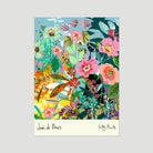 Jardin de Fleurs fine art print by Kitty McCall, unframed — an exuberant botanical garden scene with pink roses, teal wildflowers, orange dragonflies and layered tropical foliage on a pale blue sky background