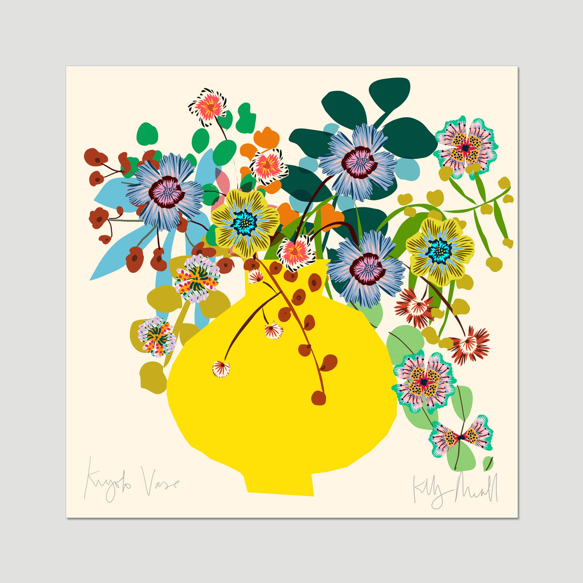 Kyoto Vase fine art print by Kitty McCall, unframed — vivid yellow vase with passionflowers, eucalyptus and wild blooms on a cream background