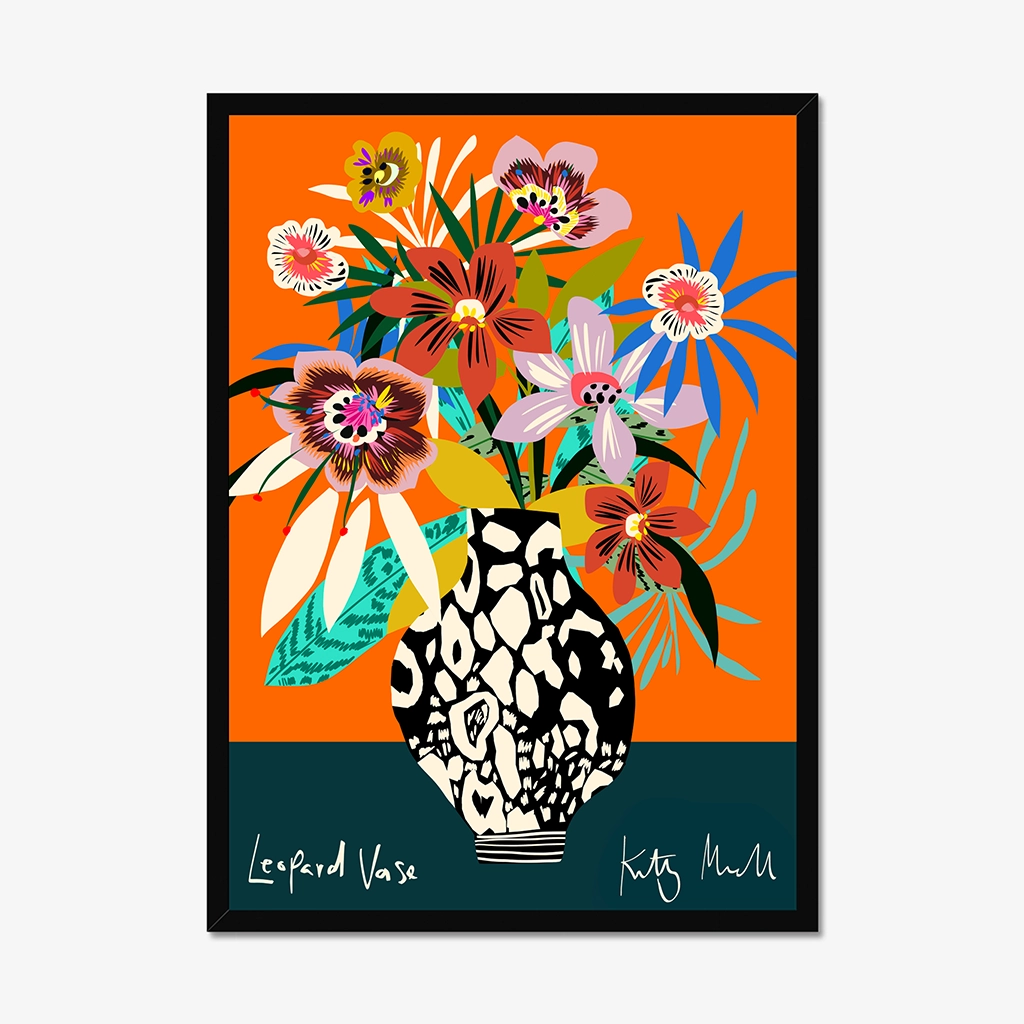 Leopard Vase fine art print by Kitty McCall in a black frame