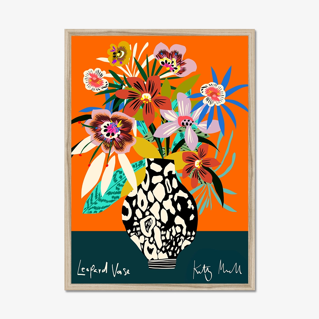 Leopard Vase fine art print by Kitty McCall in a natural oak frame