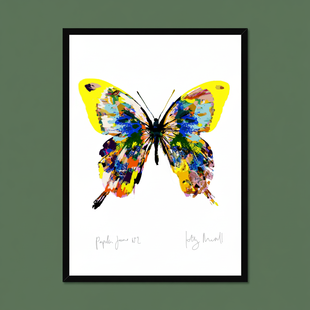 Framed artwork of a colorful butterfly on a white background