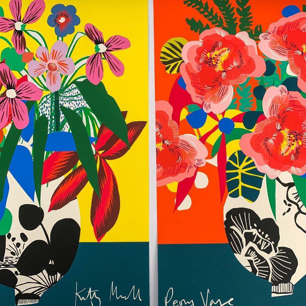 Peony Vase and Pansy Vase fine art prints by Kitty McCall displayed side by side, unframed