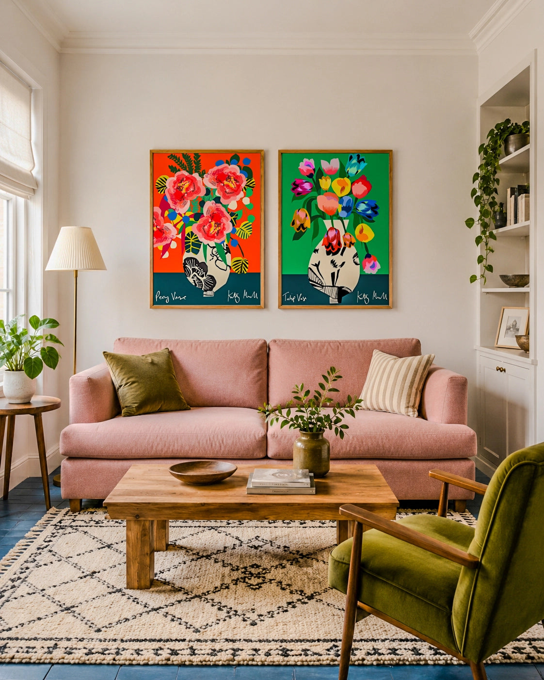 Tulip Vase and Peony Vase fine art prints by Kitty McCall in natural oak frames, styled in a cosy living room