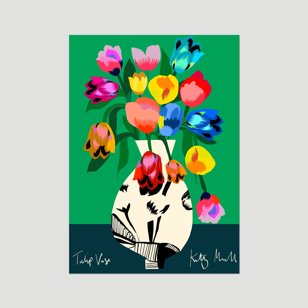 A colorful art print featuring a stylized bouquet of tulips in a cream-colored vase against a green background, with a dark navy band at the bottom containing the text 'Tulip Vase' and 'Kitty Mum'.