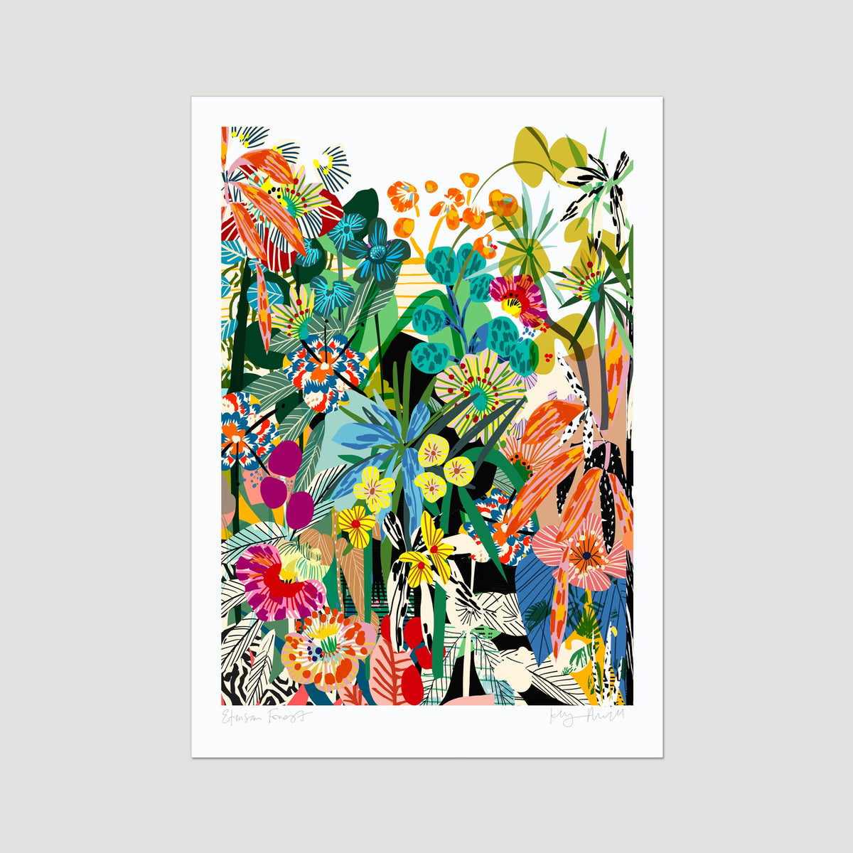 Etruscan Forest fine art print by Kitty McCall, unframed — densely layered tropical botanical illustration in vivid orange, teal, blue and green